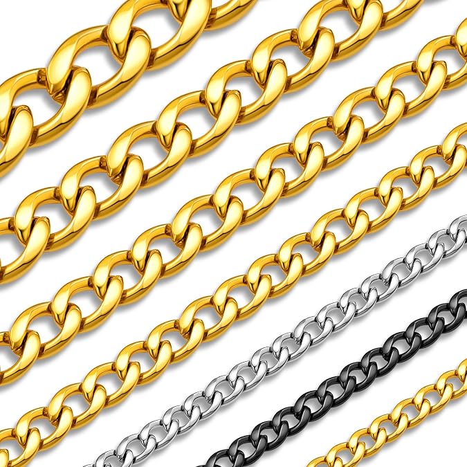 Mens Miami Cuban Link Chain 3/6/9/12MM Stainless Steel Curb Necklace, 18/20/22/24/26/28/30 Inches Black/18K Gold Cuban for Men Necklace
