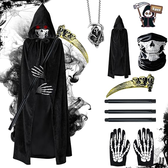 Halloween Black Grim Reaper Costume 5 PCS Skeleton Reaper Fancy Dress Black Cloak Skull Gloves Halloween Party Favors for Adults 140