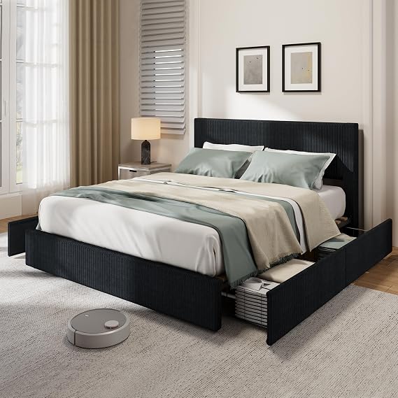 IDEALHOUSE Upholstered Full Size Bed Frame with 4 Storage Drawers, Black