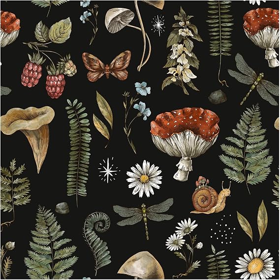 HAOKHOME Vintage Wallpaper Peel and Stick Forest Mushroom Wall Paper Floral Woodland for Bedroom Kitchen Accent Wall Black/Green/Red 17.3in x 9.8ft
