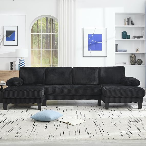 KEIKI 114" U-Shaped Oversized Modular Velvet Sectional Sofa with 2 Chaise Lounge, Modern Style Upholstered 4-Seater Couch with Soft Seat Cushions, Easy Assembly, for Apartment, Living Room, Black