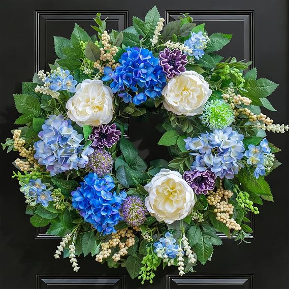 Pinkpuii 26 Inch Spring Wreaths for Front Door Outside Large Artificial Summer Wreath with Blue Hydrangea, White Peony Flowers and Eucalyptus Leaves Indoor Outdoor Porch Farmhouse Home Wall Decor