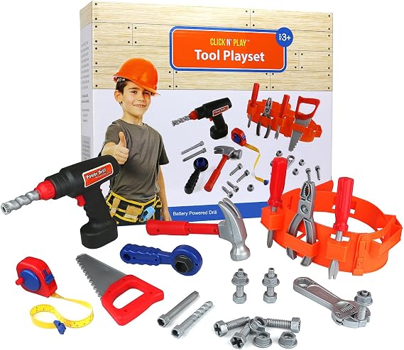 Click n' Play 23 piece Kids Pretend Play Real Working Toy Tool Set Includes Powered Drill, Hammer, Saw, Tape Measure, Tool Belt and other Construction Accessories