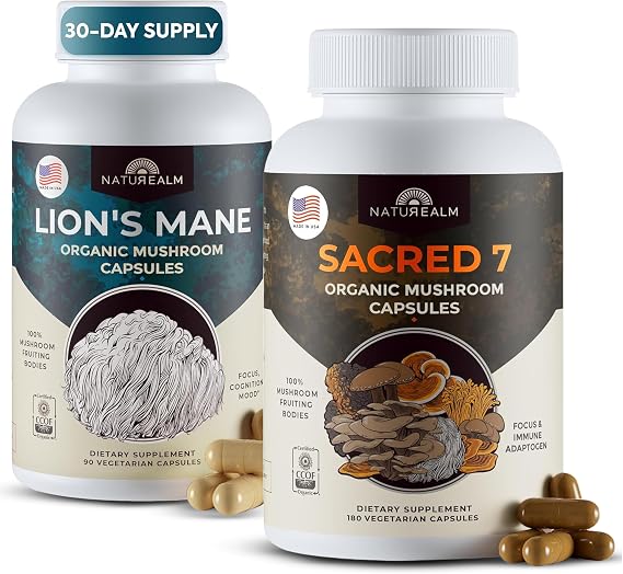 Sacred 7 Organic Mushroom Extract Capsules & Lions Mane Mushroom Supplement Bundle - Organic Support for Focus, Memory, and Cognitive Function - 180 Vegetarian Capsules