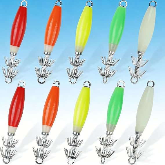 Glow Squid Jigs Lure Kit, 10 Pack | High brightness glowing saltwater lures with durable hooks, storage tackle box for night sea fishing