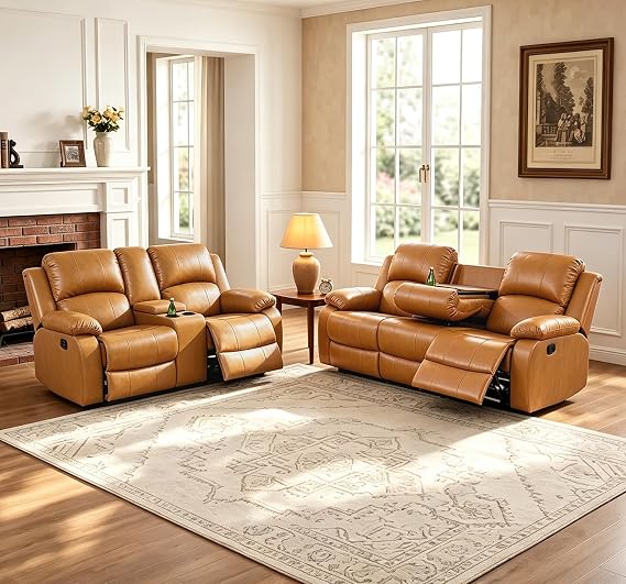 Leather Recliner Sofa Set, 2 Pieces, Ginger, Modern Style, Bonded Leather, Sofa & Loveseat, Manual Recline, 82x37x40 inches, 1200 pounds