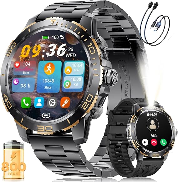 LIGE Smart Watch for Men, Smartwatch with LED Flashlight for Android/iOS, IP68 Waterproof, 300+ Watch Faces, 24/7 Heart Rate/Sleep Monitor, Make/Answer Call, Black Case with Rose Gold Indices