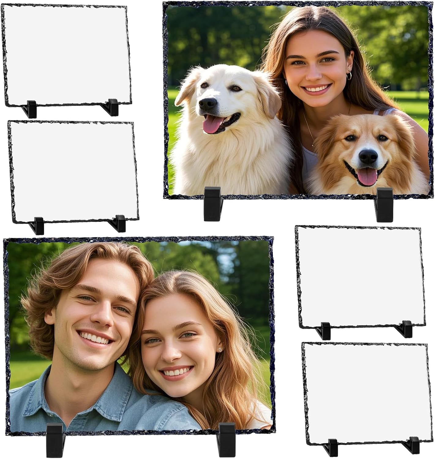 Jeffbaubl 6Pcs Sublimation Slate Blanks, 7.5x5.5In Heat Transfer Rock Photo Plaque, Rock Stone Photo Frames with Display Stand, Rectangular Picture Stone Frame for DIY Personalized Wedding Birthday