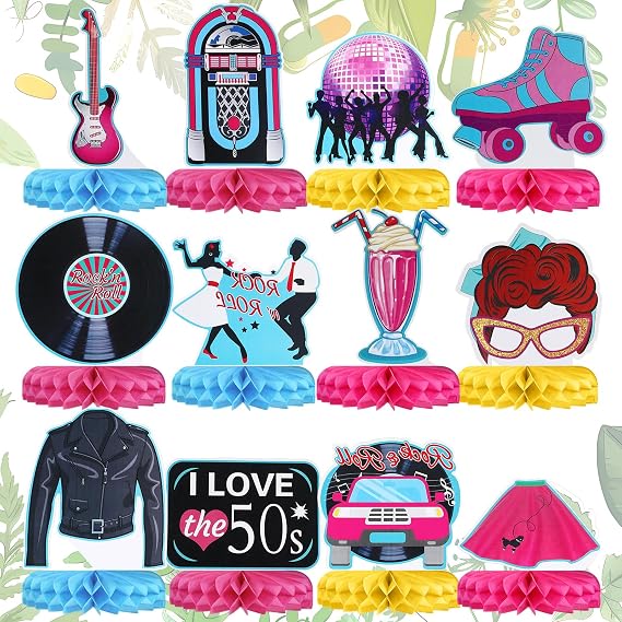 12Pcs 50s Party Decorations, 1950's Rock and Roll Honeycomb Centerpieces Sock Hop Decor Retro Theme Music Party Supplies Favors