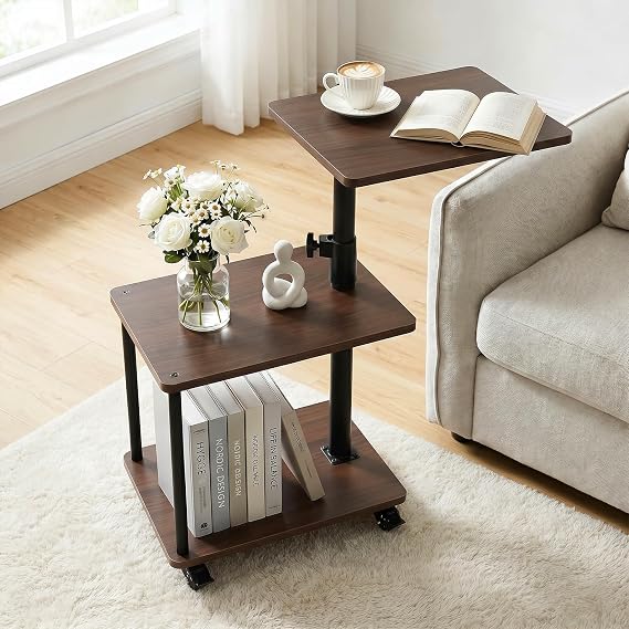 Modern Farmhouse Rolling Side Table with Wheel for Living Room, Adjustable Height Swivel End Table for Different Seating Types, Ideal for Couch, Sofa, Recliner and Living Room, Walnut-Look