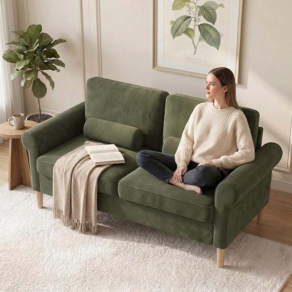 3 Seater Sofa, Corduroy Fabric, Lumbar Cushions, Wood Legs, Green | 173 cm wide, fine corduroy, 146 cm seating width, 51 cm deep seat, 2 lumbar cushions, 15 cm robot-vacuum clearance