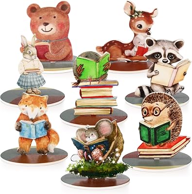Amyhill 8 Pcs Storybook Wooden Animal Cutout Storybook Baby Shower Decoration Wood Centerpieces for Tables Woodland Animal Decoration for Book Club Birthday Baby Shower Nursery Party