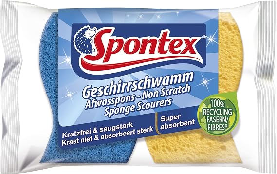 Spontex Non Scratch Super Absorbent, Pack of 2, Yellow Sponge Blue Scourer, 1er