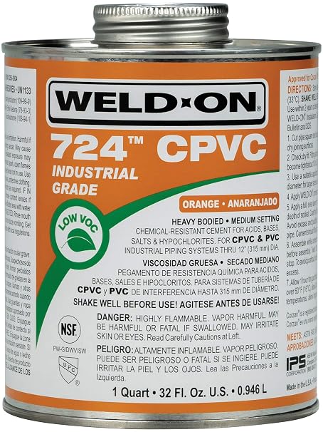 Weld-On 12818 724 Industrial Grade CPVC Solvent Cement, Orange, 1 Quart