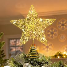 Lighted Christmas Tree Topper Star 10 Inch Gold Tree Top Decoration with Warm LED Lights, Xmas Tree Topper Ornament for Holiday Christmas Party Home Decor