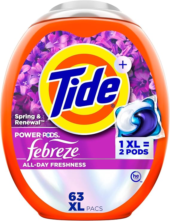 Tide Power Pods with Febreze Laundry Detergent Pacs, 63 Count, Spring & Renewal Scent, All-Day Freshness