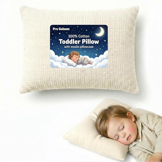 Toddler Pillow with 100% Muslin Cotton Pillowcase, 13x18, Beige | Ultra Soft, Breathable & Machine Washable Kids Pillow for Sleeping, Travel, Daycare & Preschool Nap(Ages 2+)
