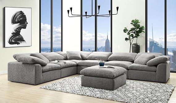 Gray Linen Modular Sectional Sofa with Ottoman