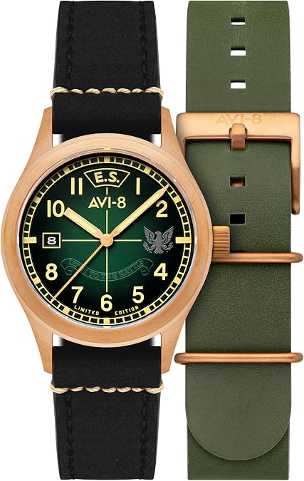 AVI-8 Men's 39mm Flyboy Eagle Squadron Automatic Bronze 85th Limited Edition Watch with Leather Strap AV-4145