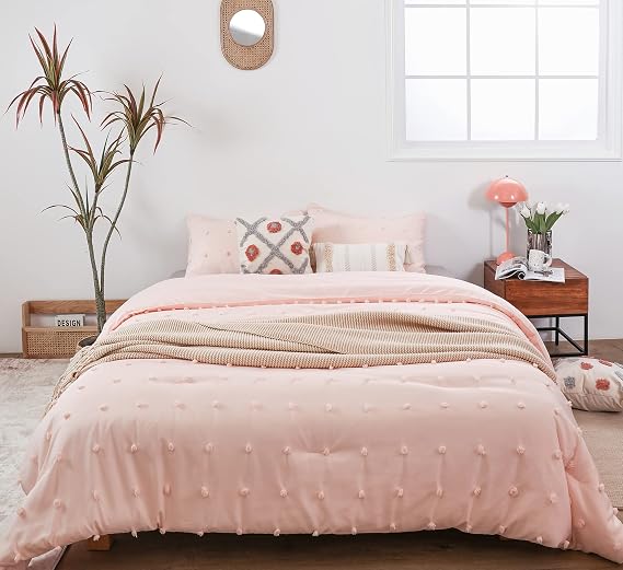 JANZAA Pom Pom Comforter Pink Comforter Set 2 PCS Twin Comforter Sets 1 Blush Comforter Set and 1 Pillow Case All Season