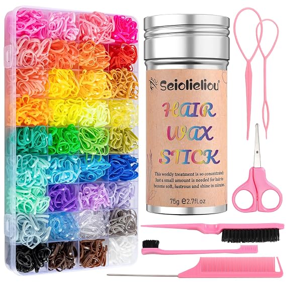 Hair Styling Kit with Hair Wax Stick, 2100 Pcs 36 Colors Hair Elastics