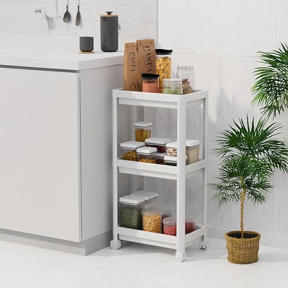 Deconox Peggy 3 Katlı Tekerlekli Raf Ünitesi - 36x71x23 cm Dar Alan Düzenleyici - Mutfak ve Banyo İçin Aletsiz Kurulum Servis Arabası (Beyaz - Siyah - Gri) (BEYAZ)