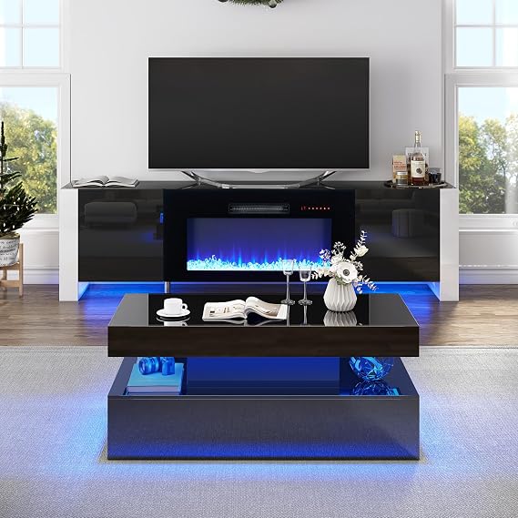 VanAcc 3-Piece Living Room Furniture Set, 70" Modern LED TV Stand | High Gloss Black Finish, Coffee Table, Modern Design, Spacious Storage, Home Furniture, Sleek Style