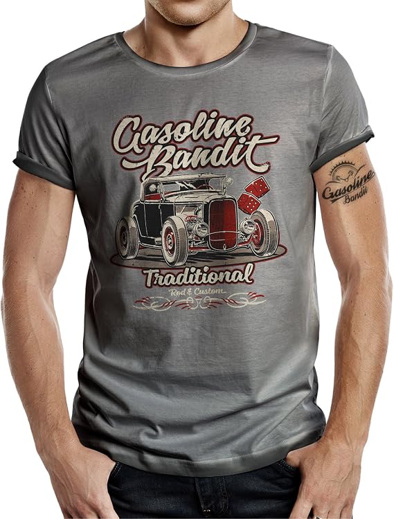 Fitted SlimFit Hot Rod Rockabilly Traditional Racer T-Shirt Vintage Distressed Finish