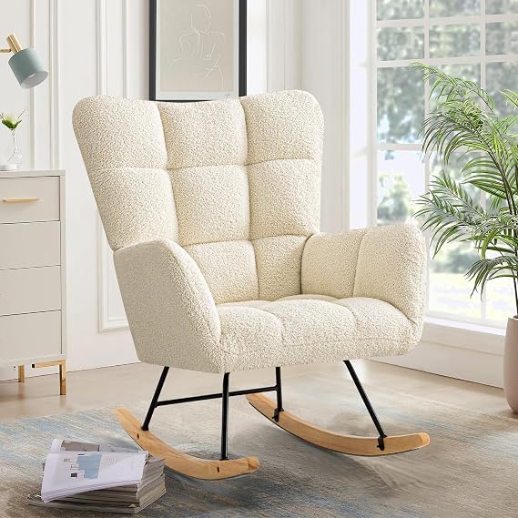 Rocking Chair Nursing Chair Baby Room Relaxing Chair Padded Armchair Living Room Chair Reading Chair with Wooden Skids Armrest for Living Room Bedroom Baby Room Ivory White