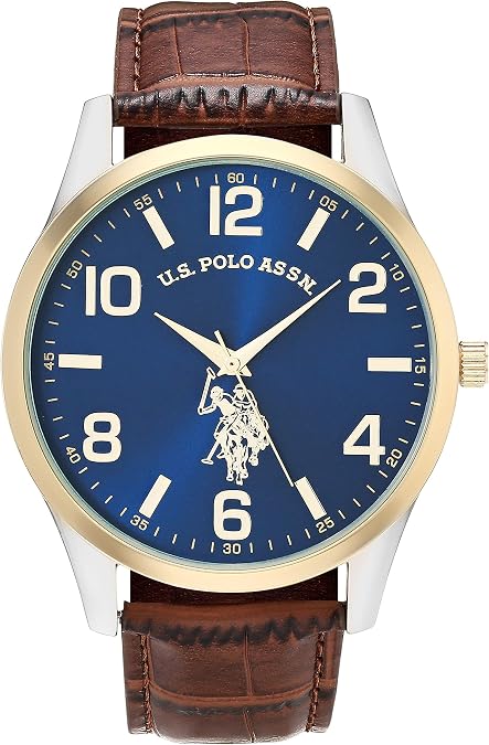 U.S. Polo Assn. Men's Analog Dress Watch with Blue Sunray Dial Gold-Tone Bezel and Brown Faux Leather Strap Classic Quartz Timepiece Includes Box Fits Wrists 5.5"-8"