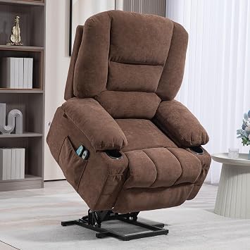 HOMCOM Power Lift Recliner Chair Sofa with Vibration Massage and Heat, Fabric Lift Chair for Elderly, Massage Recliner Chair with Remote Control, Side Pockets, Quick Assembly, Brown