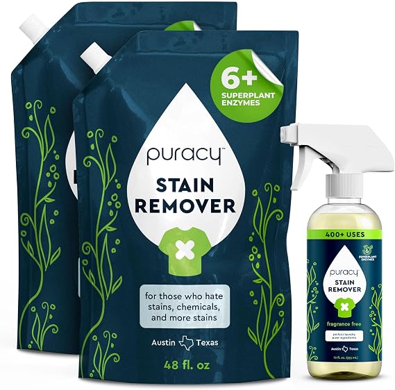Puracy Stain Remover, Natural Travel and Laundry Stain Cleaner for Clothes, Baby Essentials, Kids Stains, Oil and Fabric Spot Cleaner, Unscented (48 fl oz, Pack of 2, and12 fl oz)