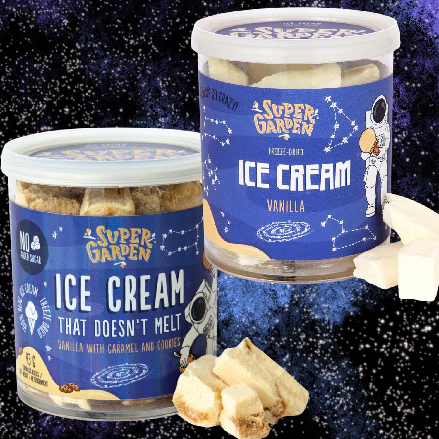 Super Garden Freeze Dried Ice Cream Vanilla with Caramel and Cookies  Super Garden Freeze Dried Ice Cream Vanilla | Freeze-Dried Snack Bundle | Crunchy & Fun Treats for All Ages