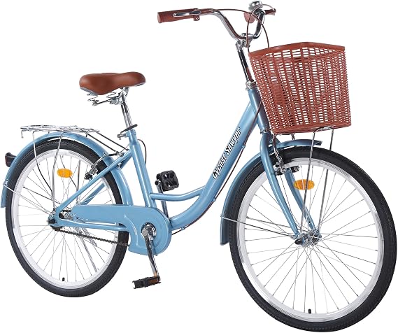 26 inch Hybrid Bikes for Women, Adult Bicycles Lightweight Hi-Ten Steel Frame Road Bike Single Speed with Rear Rack and Basket, Commuter City Bike, Comfort Lady Bicycle, Vintage Adult Bike, Light Blue