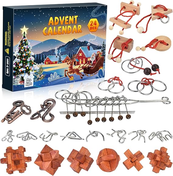 Advent Calendar 2025 Brain Teaser Puzzles for Adults Teens Kids, 24 Pcs Metal & Wood Puzzle Christmas Countdown Calendar with Fun Challenges Toys Game, Xmas Gifts for Boys Girls Teens Adults