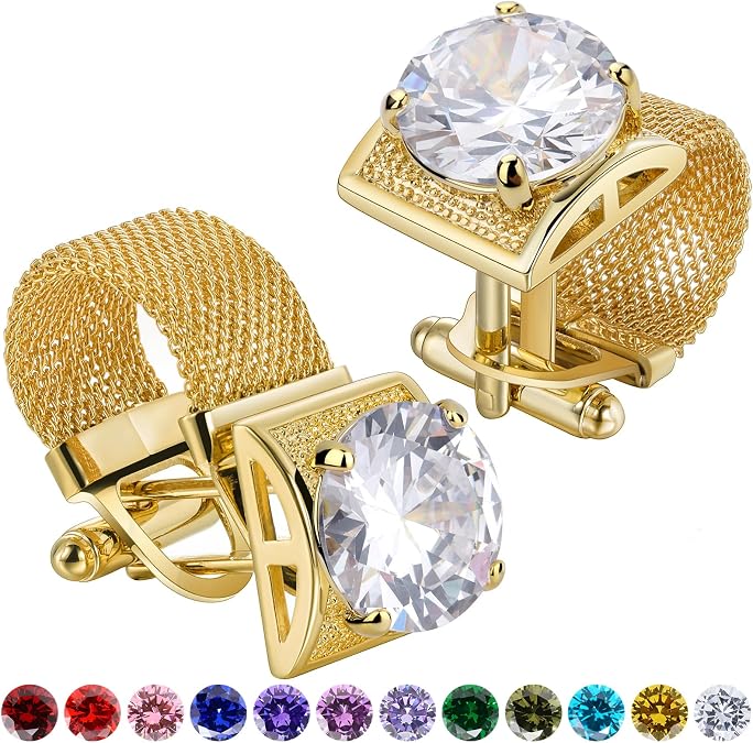 Birthstone Gold Tone Cufflinks for Men with Chain Shirt cuff links Wedding Business Birthday Christmas Gifts for Men