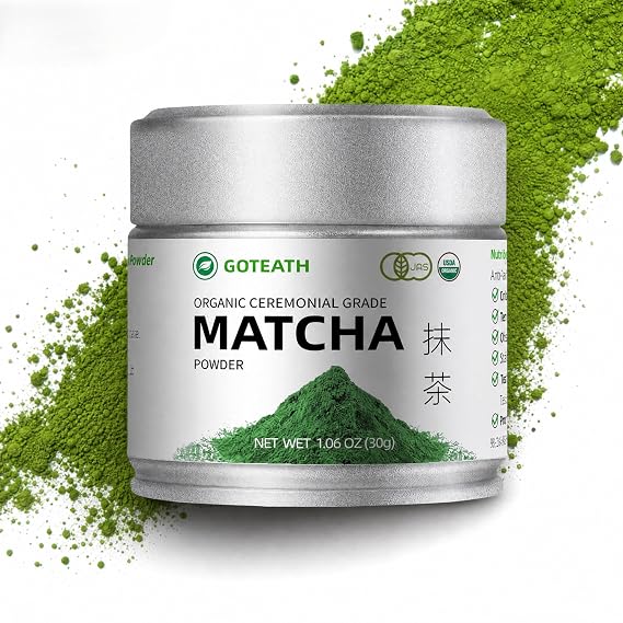 Organic Ceremonial Grade Matcha Green Tea Powder, 100% Pure Unsweetened No Additives, full of rich vegetal flavor, for Matcha Lattes or Traditional Tea Preparation, Vegan, 1.06oz Tin