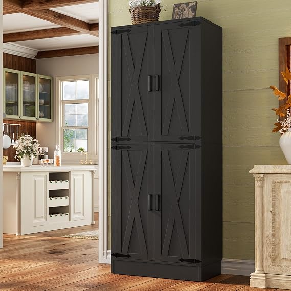 Unikito 71" Tall Kitchen Pantry Cabinet with Farmhouse Barn Doors and Storage Drawer, 4 Adjustable Shelves, Freestanding Cupboard for Kitchen, Dining Room, Living Room, Utility Room, Black
