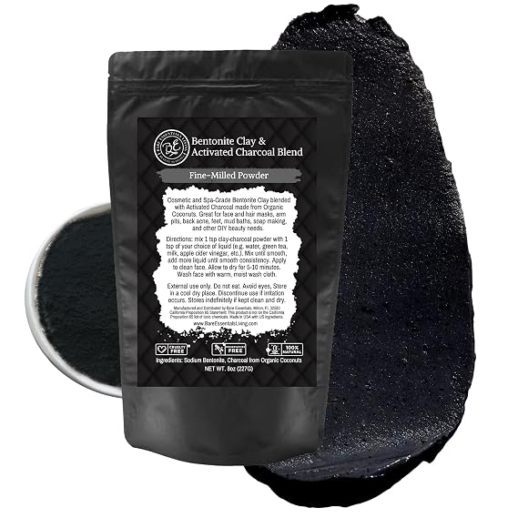 Bare Essentials Living - Bentonite Clay Powder and Activated Charcoal Powder Blend (8oz) Great for Charcoal Face Mask, Facial, Hair Mud Mask, DIY Bentonite Clay Toothpaste, Charcoal for Soap Making