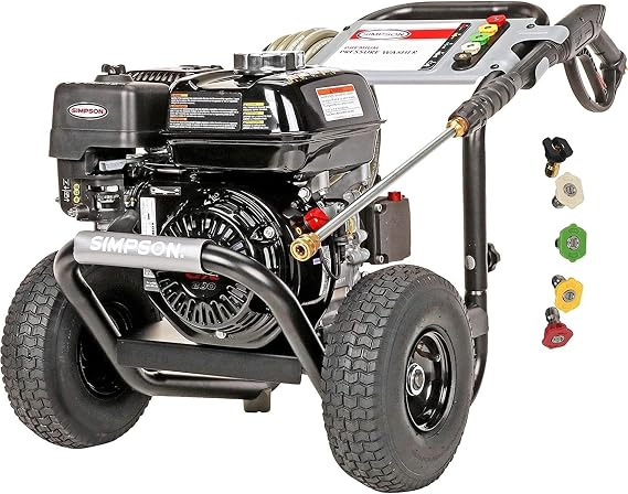 SIMPSON Cleaning PS3228 PowerShot 3300 PSI Gas Pressure Washer, 2.5 GPM, Honda GX200 Engine, Includes Spray Gun and Extension Wand, 5 QC Nozzle Tips, 516-inch x 25-foot MorFlex Hose, 49-State