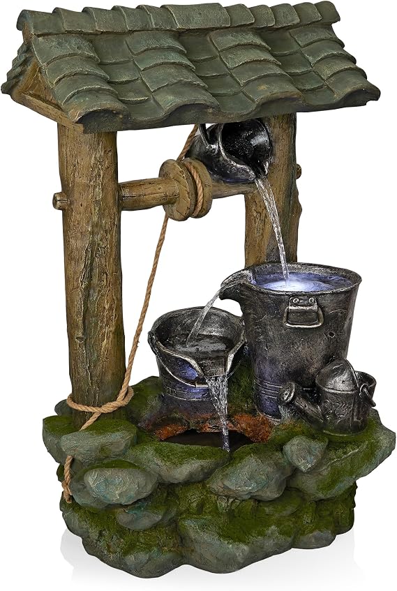 Alpine Corporation WIN1250 39" Water Well Fountain with LED Lights Serene Outdoor Waterfall Water Feature for Garden, Patio, and Lawn, Cascading Water Flow, Green
