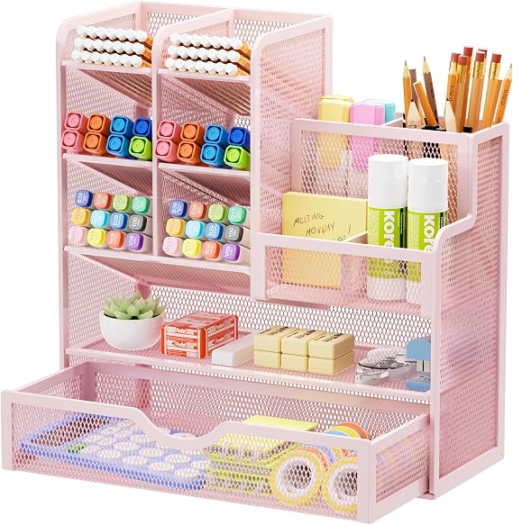 Marbrasse Mesh Desk Organiser,Stationary Organiser,Multifunctional Pen Holder,Desktop Storage and Drawer for Home Office(Pink)