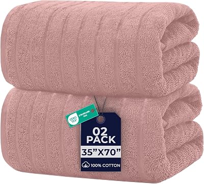 DAN RIVER Pack of 2 Bath Sheet 35x70 Inches, Ribbed Oversized Towels for Adults, Quick Dry Plush Bath Towels - Dusty Rose