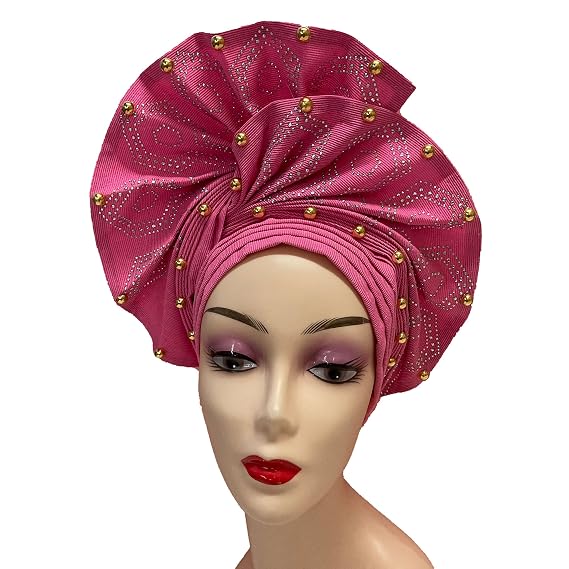 African Headtie Women Headbands Head Wrap Turban Cap Auto Gele Headties Femme Headscarf Headgear Sewing Fabric For Party (Pink)