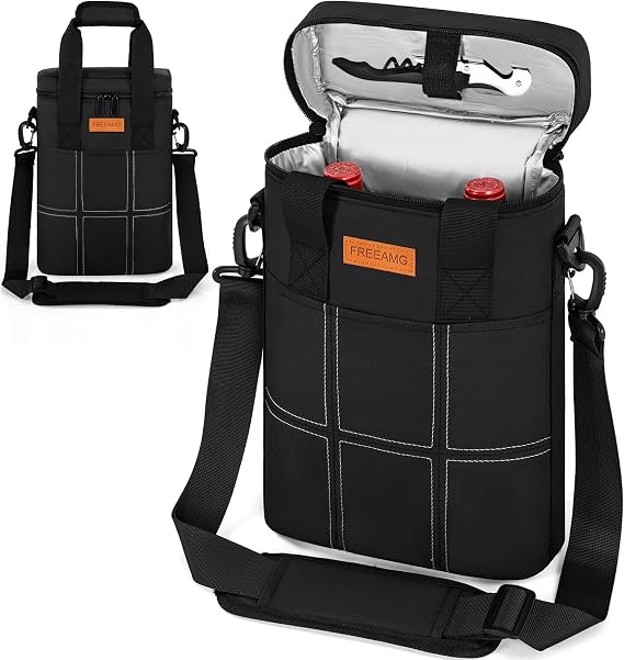 2 Bottle Wine Tote Bag Cooler Bag Leakproof Wine Carrier Case with Insulated Padded & Adjustable Shoulder Strap & Handle for Travel, Party, Picnic