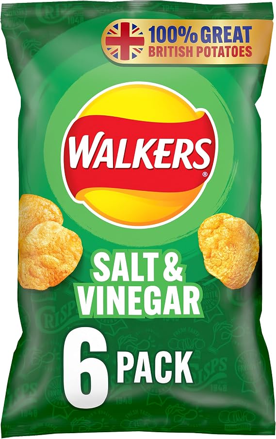 Walkers Salt and Vinegar Multipack Crisps, 6 x 25 g (Case of 18)