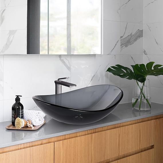 Aquaterior Tempered Glass Bathroom Vessel Sink with 13" Single Handle | Faucet Set Leaf-shape Above Counter Vanity Basin Grey Industrial Modern