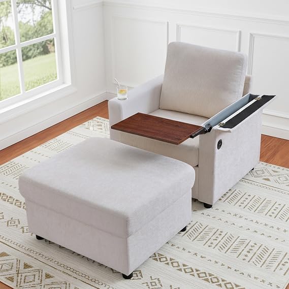 Mofolit Accent Chair with Storage Ottoman Reading Chair Set with Small Tabletop and Charging Port Modern Single Sofa for Living Room Apartment Bedroom and Compact Spaces. (Beige)