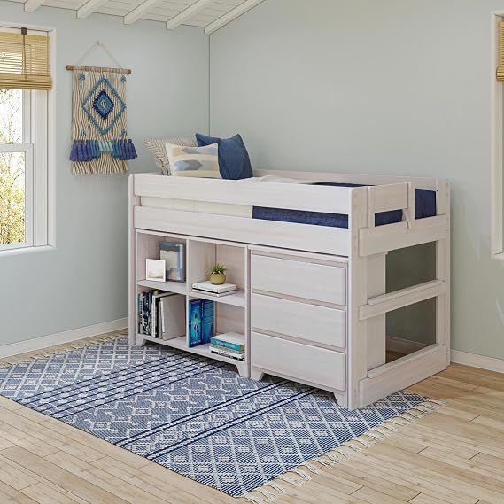 Max & Lily Modern Farmhouse Low Loft (Twin), 4-Shelf, Dresser, White Wash