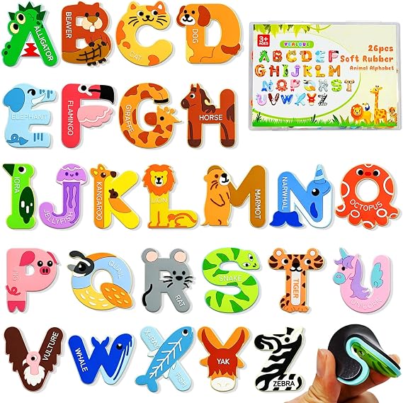 Soft Rubber Magnetic Letters with Thicker Full Back, Big Size Animal Alphabet Magnets for Fridge,Cute ABC Letter Fridge Magnets for Pre-School Learning Tools Birthday Present
